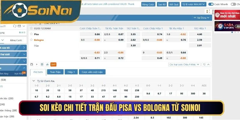 Soi kèo chi tiết trận đấu Pisa vs Bologna từ SoiNoi