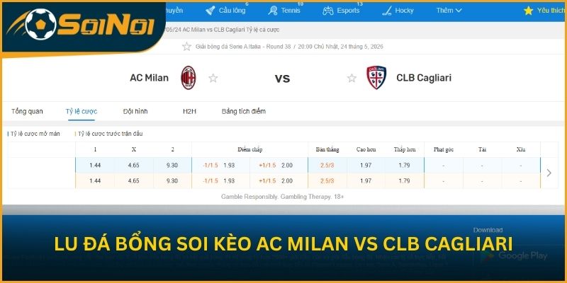 Lu Đá Bổng soi kèo trận đấu AC Milan vs CLB Cagliari